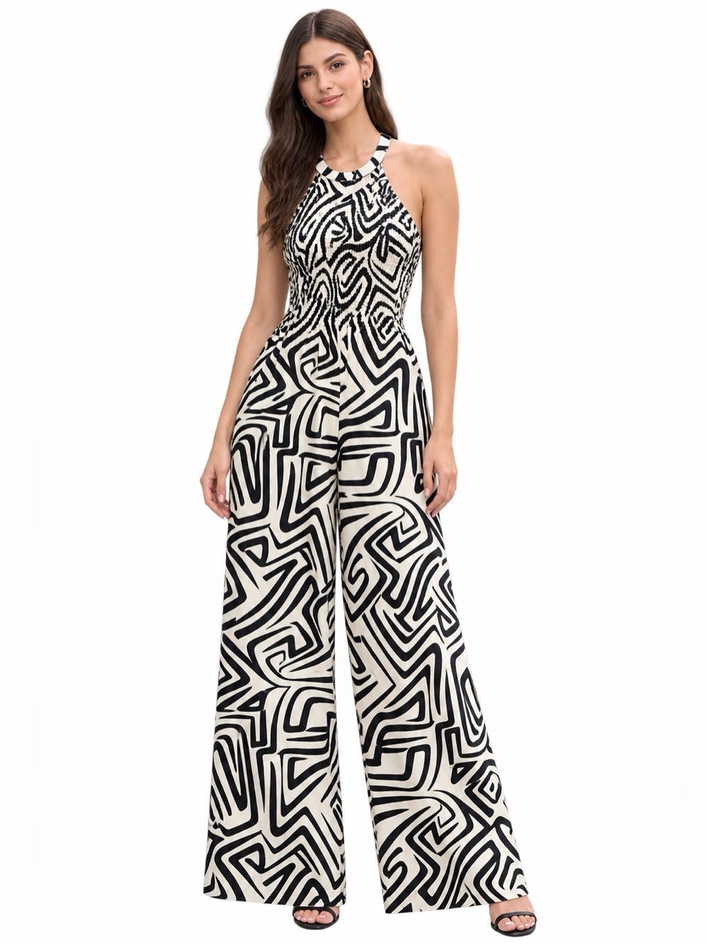 Jessica Simpson Smocked Wide Leg Jumpsuit Cream Black Halter Size M